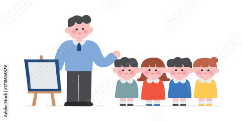 A teacher guiding a group of children in a classroom setting, fostering a nurturing environment filled with joy and inspiration.