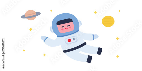 An astronaut's whimsical journey through the cosmos, floating weightlessly amidst the stars, a jovial face peeking out from the helmet, creating an atmosphere of wonder.