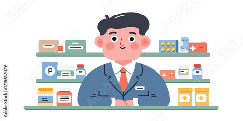 A friendly pharmacist stands at the counter, a comforting presence in a well-stocked pharmacy filled with essential medications and healthcare supplies, ready to provide expert care and advice.