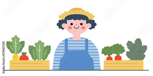A cheerful gardener, surrounded by a vibrant selection of fresh, organically grown vegetables.  The illustration captures the essence of nature's bounty and the satisfaction of nurturing life.