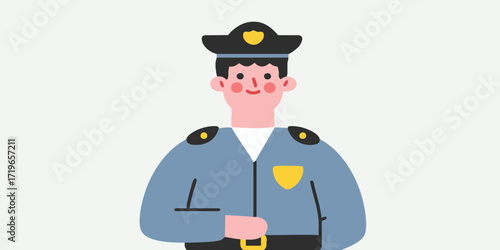 An illustration of a kind police officer stands proudly in uniform, a symbol of safety and service, perfect for illustrating law enforcement and public safety concepts.
