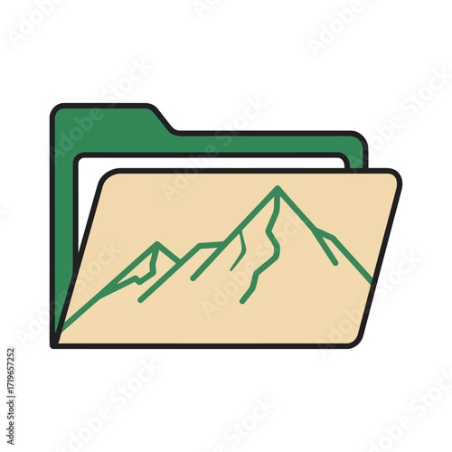 Isolated vector icon illustrating the duality of digital organization and natural landscapes with a folder and mountain file