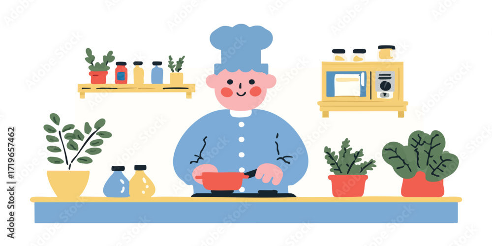 Fototapeta premium A charming cartoon chef diligently cooks in a well-equipped kitchen, his focused expression radiating passion and expertise, with lush plants providing freshness.