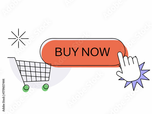 Orange buy now button with shopping cart and cursor icon hand icon click