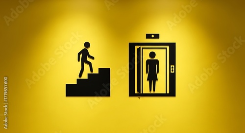 Navigating Choices - Stairs and Elevator Symbols on a Yellow Wall.