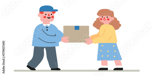 A kind delivery person handing over a package to a cheerful client, fostering a sense of reliability and service.
