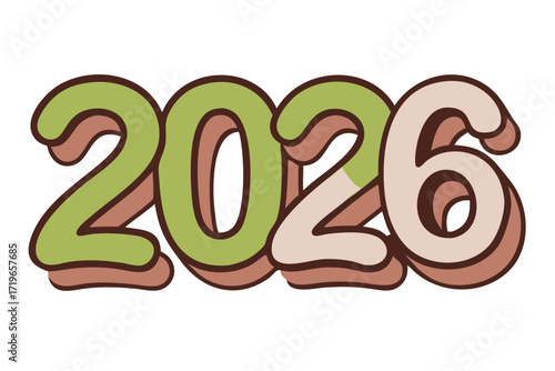 Stylized 2026 numbers with layered effect in pastel green and beige new year