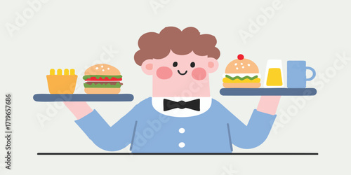 A charming cartoon waiter, balanced tray of food, poised for service, presenting an array of classic American diner delights, inviting taste and visual joy.