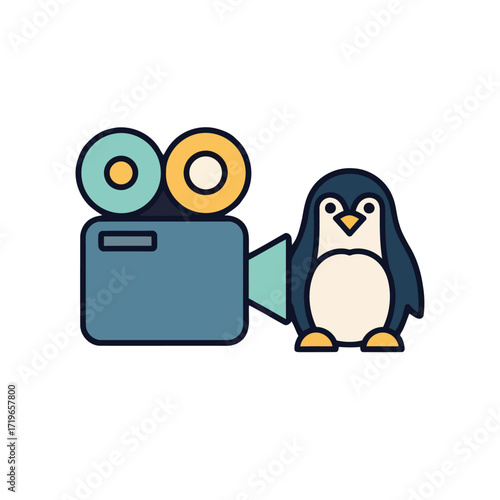 Duality Icon Vector Penguin and Vintage Movie Camera Concept