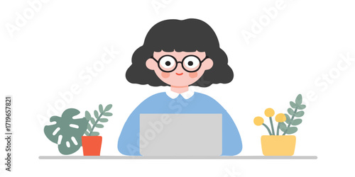 A charming illustration depicts a cheerful individual, engrossed in work at a desk adorned with flourishing plants, creating a welcoming and productive workspace.