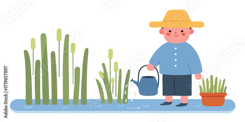 A cheerful illustration depicts a young person, a watering can in hand, tending to vibrant plants flourishing in a tranquil garden, symbolizing nurturing and growth.