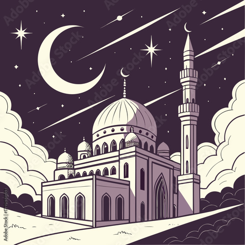 Vector illustration of space mosque with glowing crescent in galaxy sky