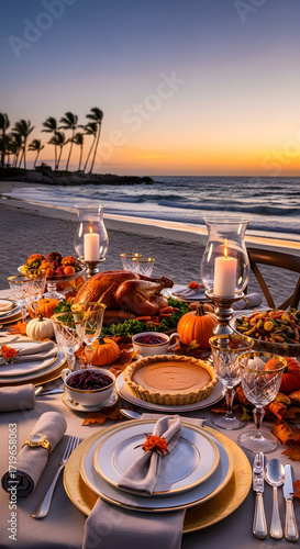Elegant restaurant table setting with gourmet meal plates and wine glasses during romantic sunset dinner by seaside terrace overlooking ocean water