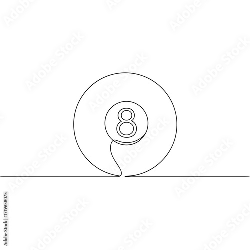 A modern, single-line black billiard ball design on a transparent background, symbolizing luck, play, and relaxation.