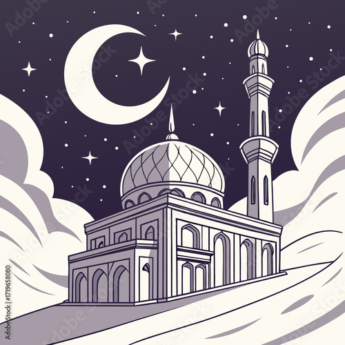 Vector illustration of space mosque with glowing crescent in galaxy sky