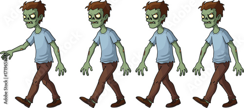Cartoon zombie character walking animation sequence, green skin undead monster illustration, spooky Halloween design, creepy horror figure, scary comic art, undead creature motion frames, vector