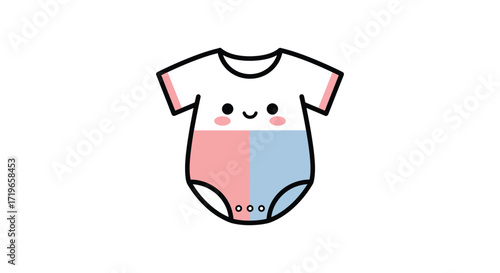 Cute kawaii baby onesie with happy face pink blue gender neutral design isolated on white background