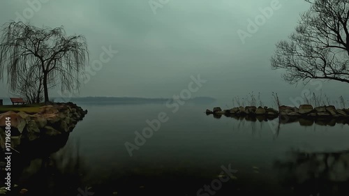 all quiet on a foggy morning on the shores of Lake Varese