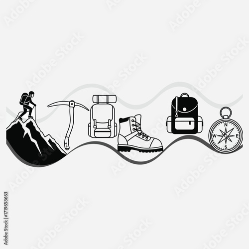 Hiking Adventure Essentials Gear, Mountain Climber, and Compass Illustration
