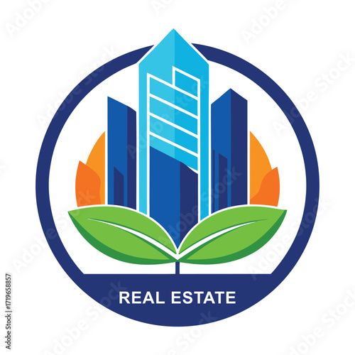 Modern blue skyscrapers rising above green leaves symbolizing sustainable real estate development and growth