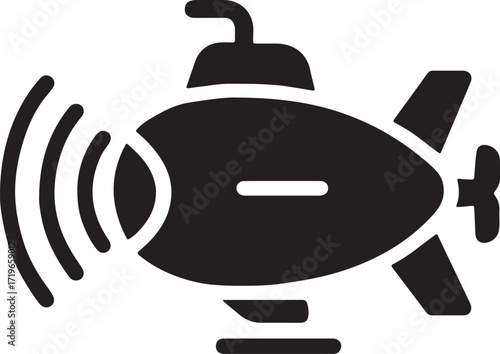 A black silhouette of a submarine emitting sonar waves with a periscope and propeller isolated on a white background isolated on white background isolated on transparent background