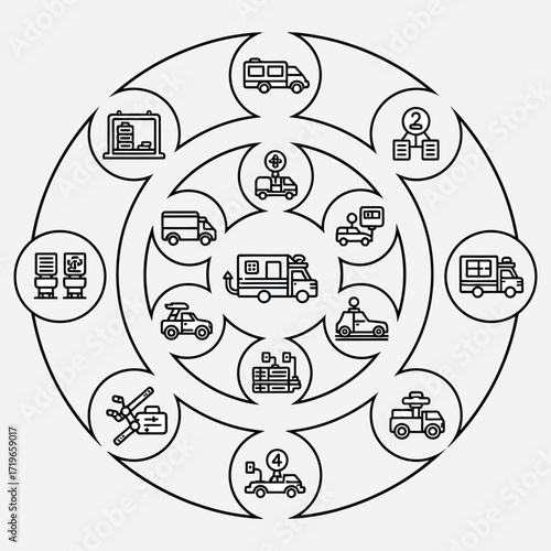 Circular Array of Monochrome Line Art Icons Showcasing a Wide Range of Essential Vehicles for Logistics, Emergency, and Passenger Transport Services in a Modern Urban Network