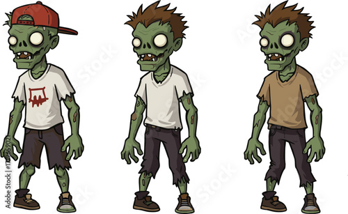 Cartoon zombie characters set with glowing eyes, spiky hair, tattered clothes, sneakers, and unique outfits for animation, gaming, comics, or Halloween design