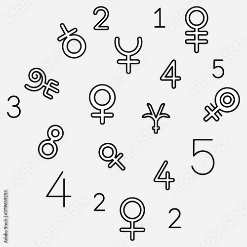 Astrological symbols and numbers representing celestial bodies and cosmic energies for divination and esoteric studies