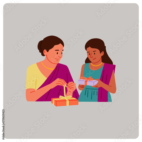 Daughter and Mother packing Diwali gifts