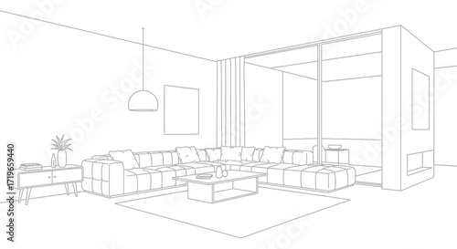 Interior architectural sketch of a modern living room with sectional sofa and contemporary furniture. isolated on white background