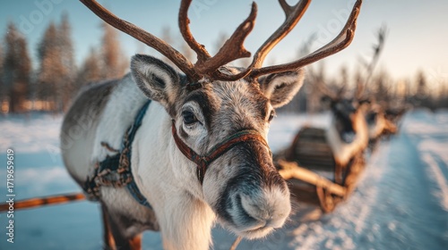 Reindeer Pulling Sled Across Snowy Tundra in Traditional Arctic Landscape