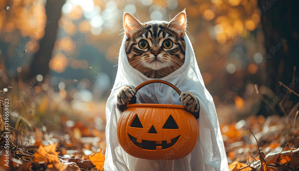 Naklejka premium A tabby cat in a ghost costume carries a jack-o'-lantern bucket amidst autumn leaves.