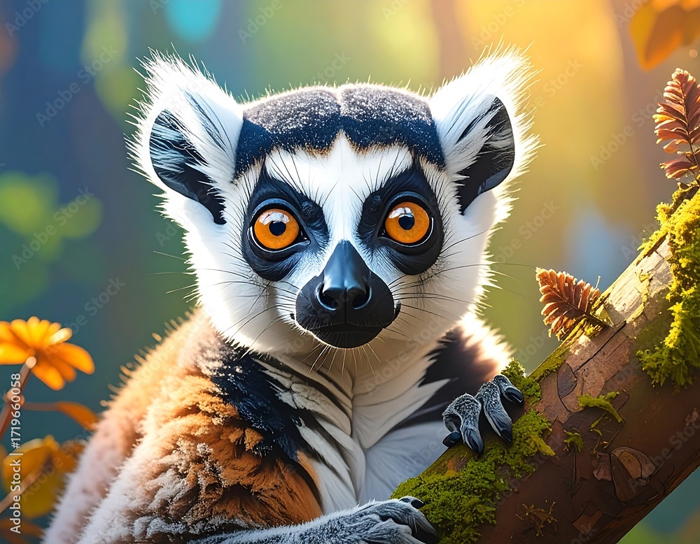 Naklejka premium Close-up of a lemur in a vibrant forest setting