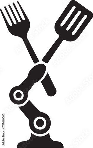 Silhouette of a robotic arm holding a fork and spatula crossed together symbolizing culinary automation and food preparation technology isolated on white background isolated on transparent background
