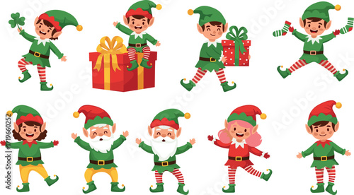 Cartoon Christmas elves with gifts in festive outfits, holiday celebration characters in colorful costumes for seasonal decoration and storytelling design