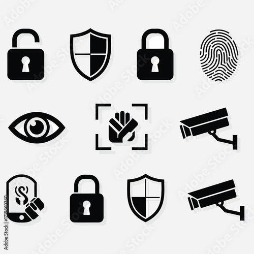 Set of security and protection icons including locks, shield, eye, fingerprint, and surveillance cameras