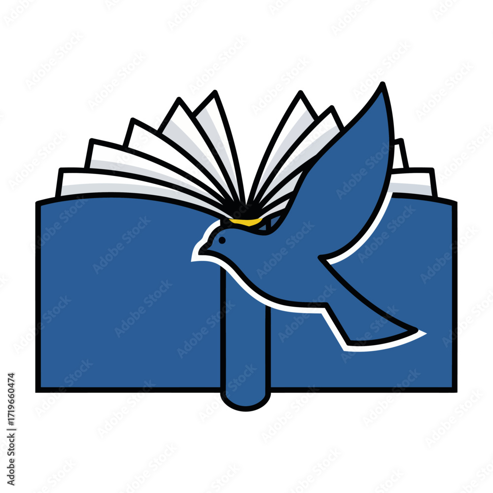 Naklejka premium Exploring the Duality of wisdom and spirit with a minimalist vector icon of a peace dove flying before an open book