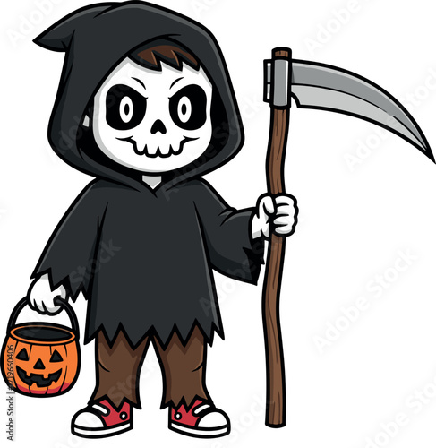 Cartoon Grim Reaper Halloween Character with Scythe, Pumpkin Bucket, Red Sneakers and Cloak – Fun Spooky Costume Vector Illustration