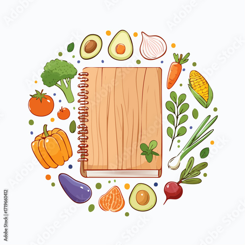 Wooden Recipe Book Surrounded by Fresh Vegetables and Fruits