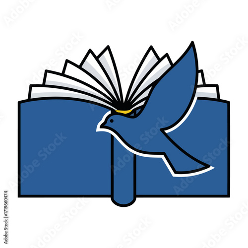 Exploring the Duality of wisdom and spirit with a minimalist vector icon of a peace dove flying before an open book