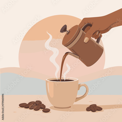 A serene vector illustration of a morning coffee ritual, showing a hand pouring coffee from a French press into a ceramic cup, with a sunrise in the background, flat vector style
