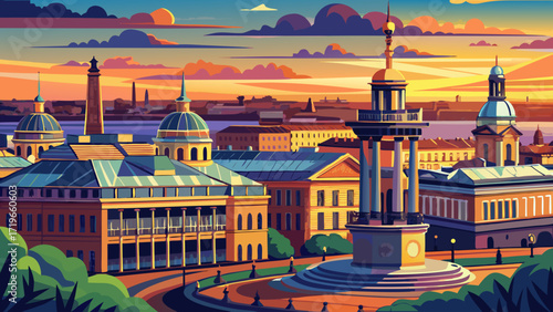 Saint Petersburg, Russia. Roofs of the ancient city at sunset, Alexander Column, Hermitage, colorful sky, panoramic view