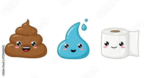 Cute emoji style toilet paper poop and water droplet characters for fun design projects isolated on white background