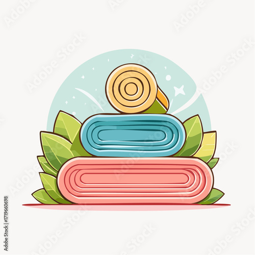 Stack of Rolled Fabric in Pastel Colors with Green Leaves