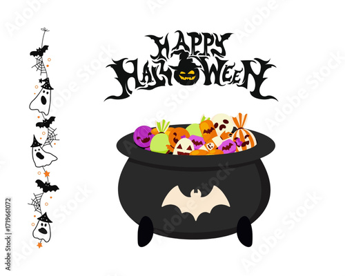 Happy Halloween illustration of a cauldron full of candy, ghosts and pumpkins with bats and spiderweb border, perfect for holiday decoration
