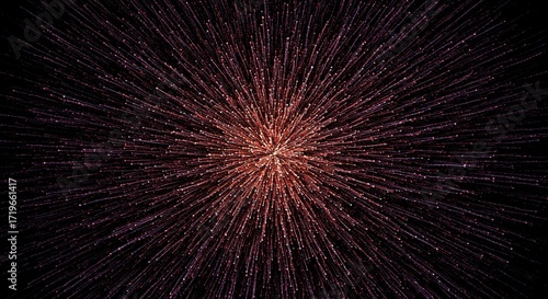 : An explosive radial burst of fine lines and dots, starting dense in the center and fading out, creating a gradient effect with stippling.