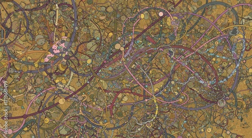 A chaotic, asymmetrical network of interconnected lines and nodes, resembling a neural network or a subway map of a fantasy city.