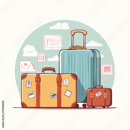 Pastel Travel Luggage Set: Suitcases and Boarding Pass Illustrations