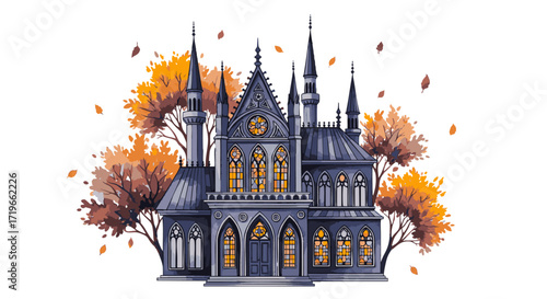 Mysterious gothic castle with glowing windows surrounded by vibrant autumn trees, a fantasy architectural vector illustration