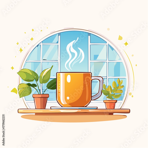 Orange Mug of Coffee on Windowsill with Plants
